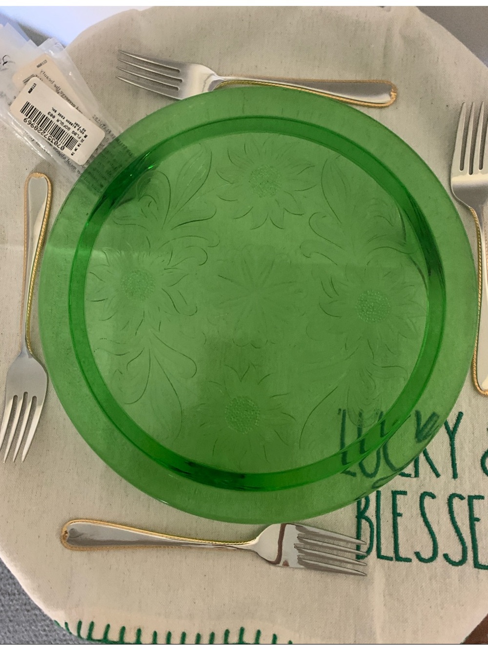 Jeannette Sunflower Green Glass 3 footed Cake Plate w/4 Gorham Dessert Forks